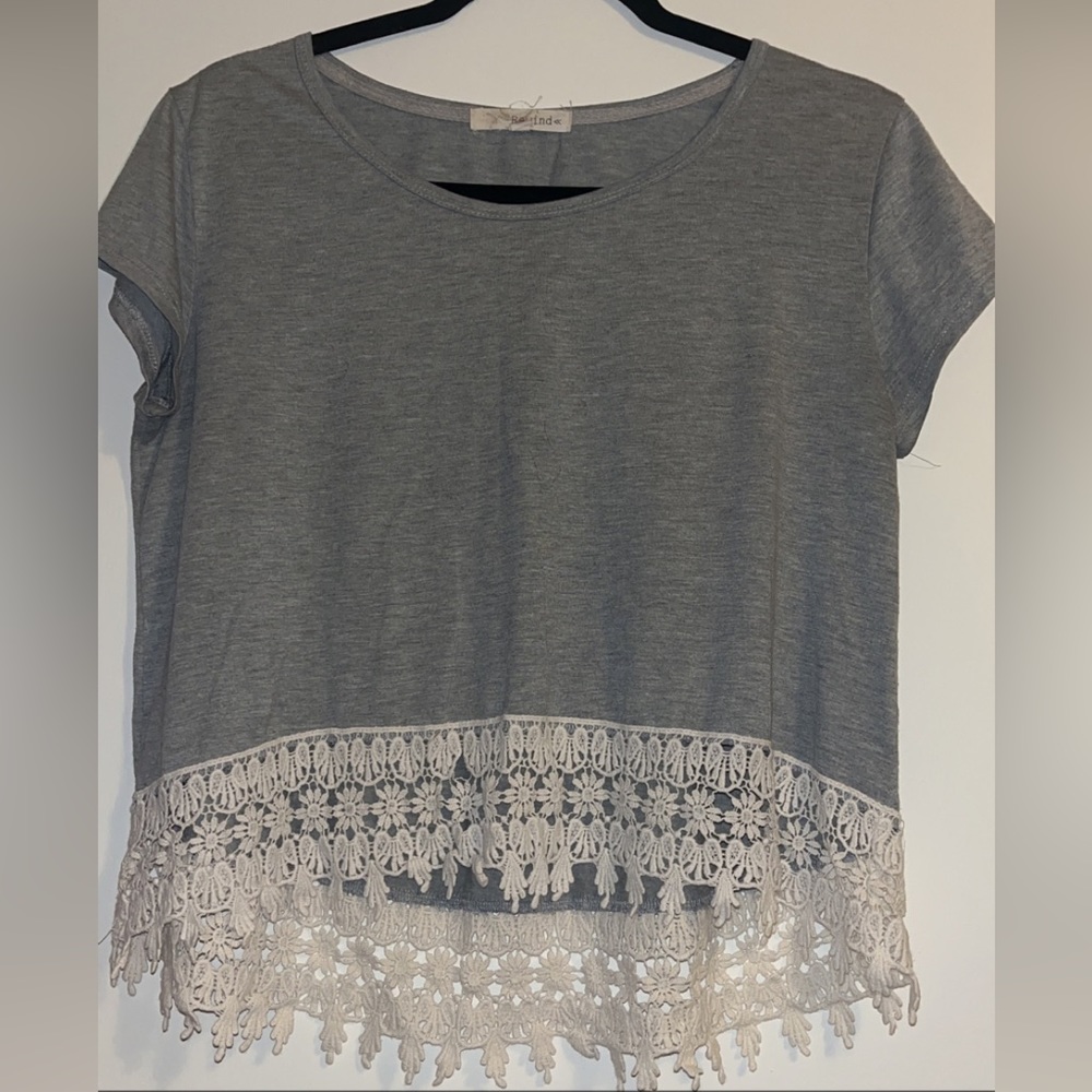Rewind Grey Top with Crochet Trim | Size: M